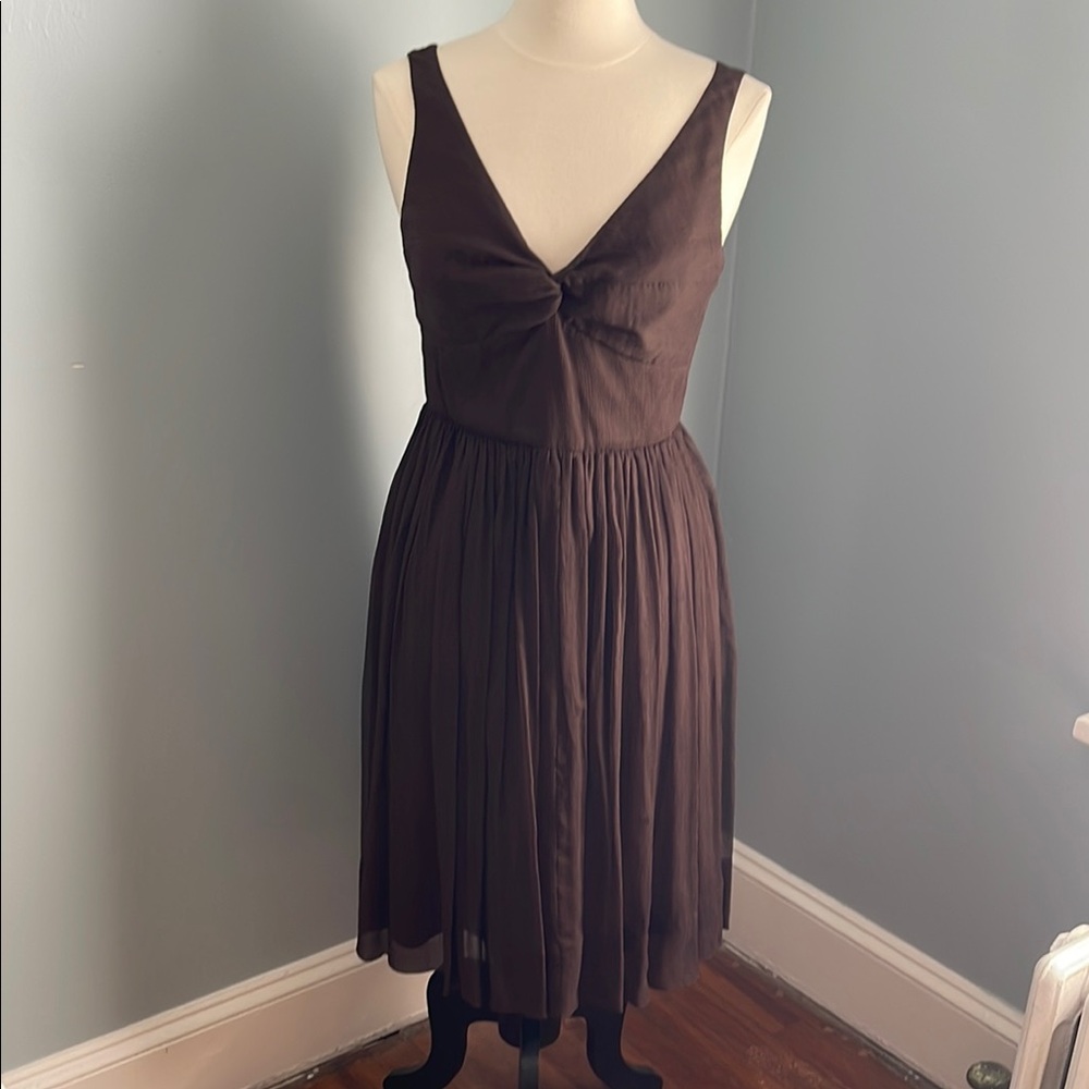 J. Crew Brown Pleated Midi Sundress V-Neck Sleeveless